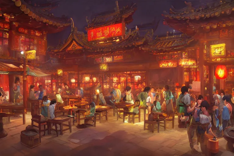 Prompt: fantasy art of a bustling tavern in china, at night, by tyler edlin, highly detailed digital art, trending on artstation
