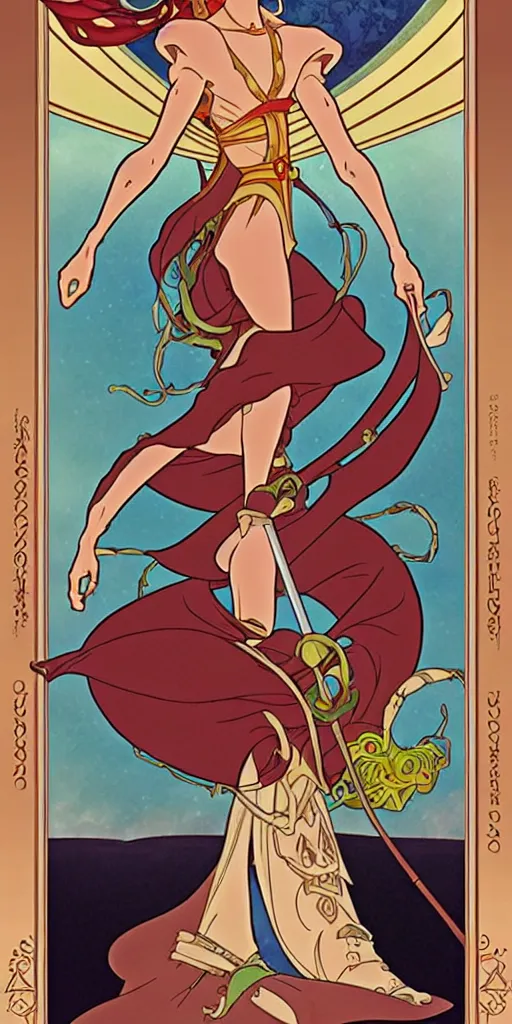 Image similar to the fool, rider tarot card with an art deco boarder, high quality, digital painting, by don bluth and ross tran and studio ghibli and alphonse mucha, artgerm