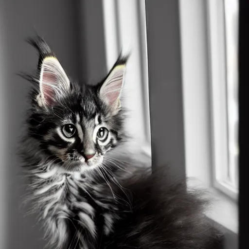 Image similar to medium - shot view from the back of a backlit maine coon kitten gazing out a window at flowers on a sunny day. 3 5 mm, f / 1 1. 0, iso 2 0 0, hdr