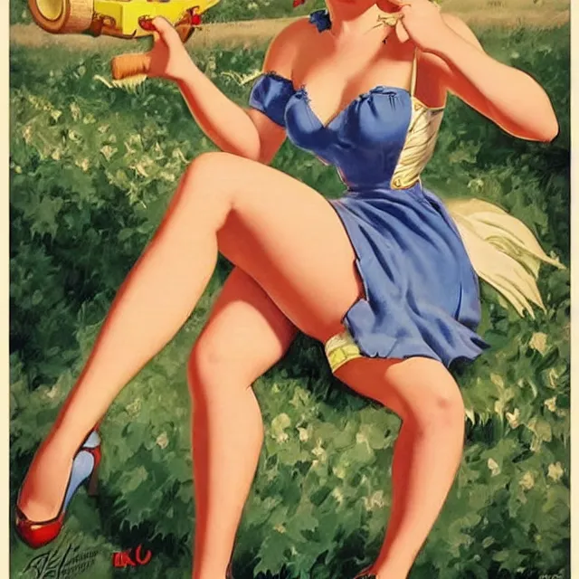 Prompt: pin - up poster of a cute farm girl by gil elvgren