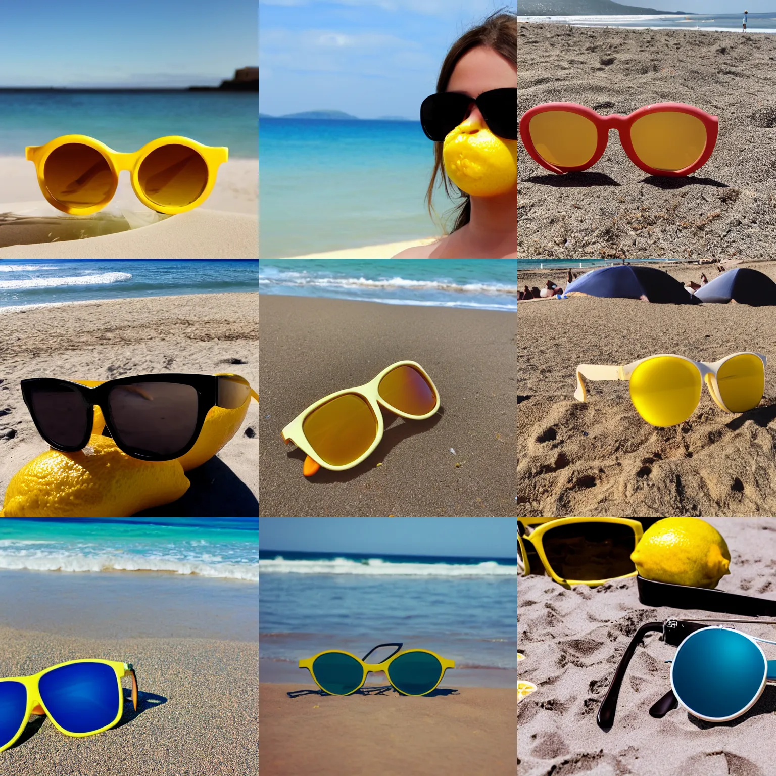 Prompt: lemon with sunglasses at the beach