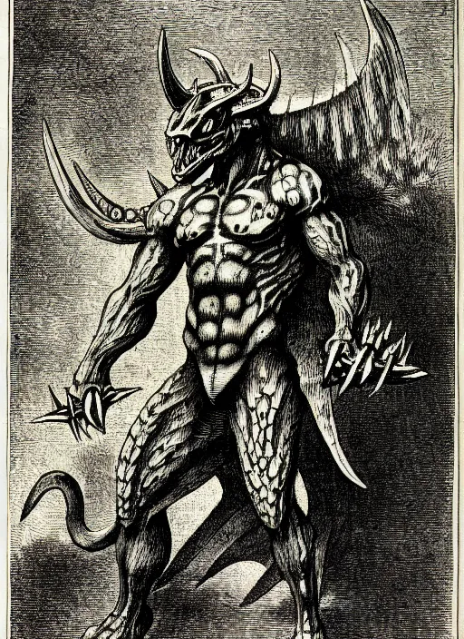 Prompt: illustration of greymon as a demon from the dictionarre infernal, etching by louis le breton, 1 8 6 9, 1 2 0 0 dpi scan, ultrasharp detail, clean scan