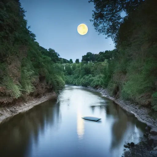 Prompt: a river with a huge moon above it