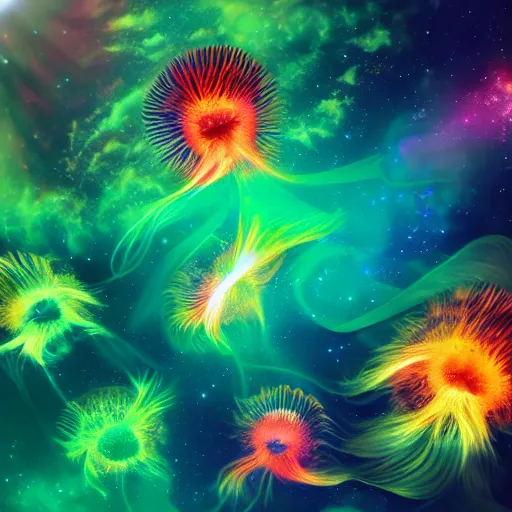 Prompt: swarm of psychedelic lions mane jellyfish swimming through space, colorful, nebula, concept art, universe, cinematic, 8 k