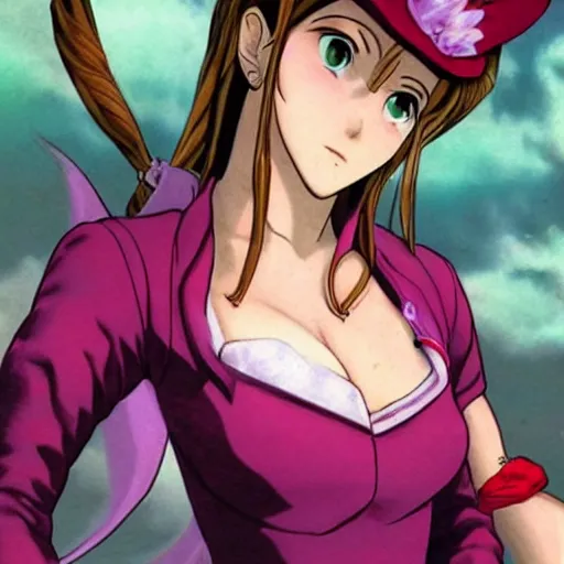 Image similar to aerith gainsborough in jojos bizarre adventure, high quality