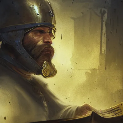 Image similar to Closeup of frustrated male medieval lieutenant with a {short} beard wearing a black!!!! and yellow tabard over a steel breastplate and a black gambeson looking up from a map on a table, intricate, dramatic lighting illustration by Greg Rutkowski, ArtStation, digital art, fantasy