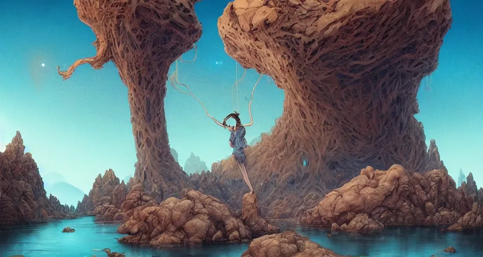 Image similar to a beautiful desert oasis!!!! with crystal clear water with an astronomically large humanoid!!!! monster!!!! in the sky, by junji ito and peter mohrbacher, extremely detailed shading, concept art, digital painting, trending on artstation, unreal engine 5, octane render, atmosphere, glow, cinematic lighting, full of color