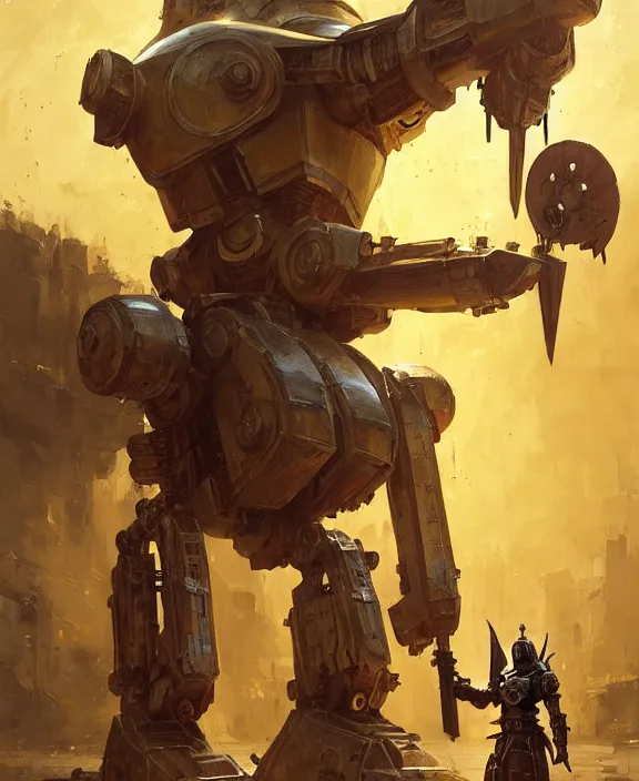 Prompt: human-sized strong intricate yellow pit droid holding large paladin medieval shield!!! and a long medieval engraved powerful great sword, pancake short large head painterly humanoid mecha, beautiful fantasy background by Greg Rutkowski