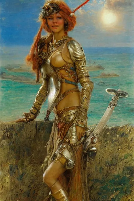 Prompt: steam punk amelia earhart on a mystical island wearing armor fashioned from her crashed plane and a sword made from a plane wing. art by gaston bussiere