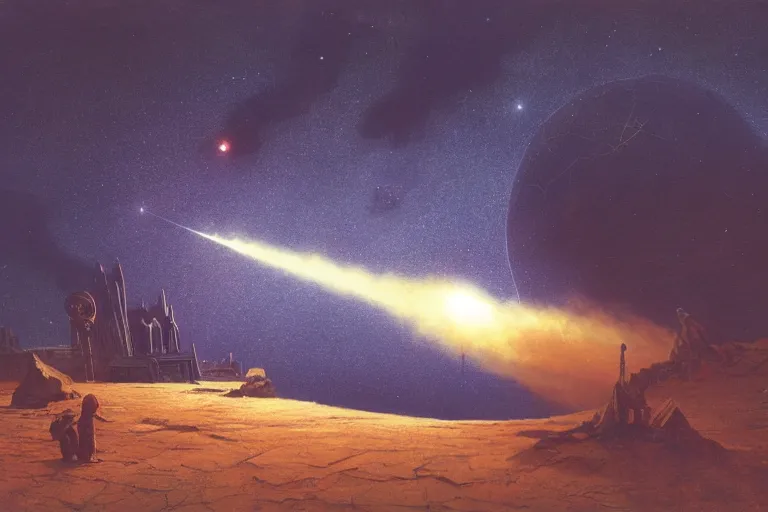 Image similar to A large comet hitting Earth, Les Edwards, Zdzislaw Beksinski, Carl Gustav Carus, John Harris, Michal Karcz, Zhang Kechun, Mikko Lagerstedt, Scott Listfield, Steven Outram, Jessica Rossier