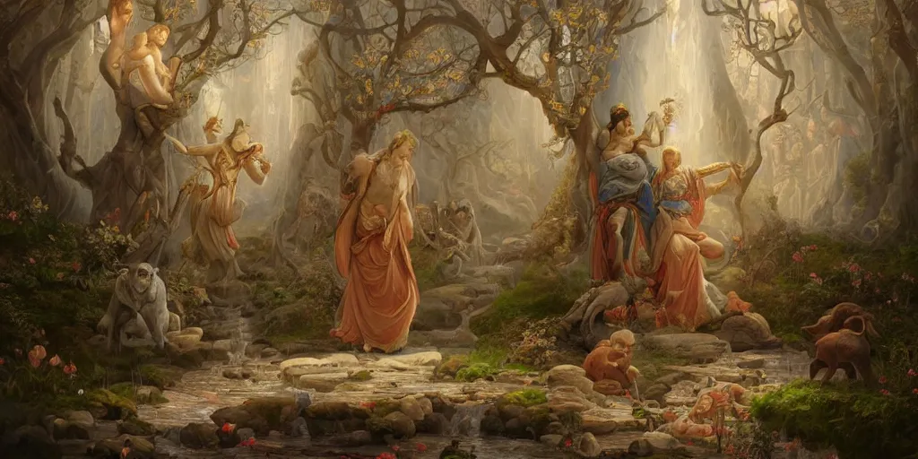Image similar to a stunning and noble highly detailed romantic period style painting of the place where gods come into being by james jean, josep tapiro baro and harles sillem lidderdale, trending on artstation, oil painting masterpiece, symmetry, rule of thirds, mysterious