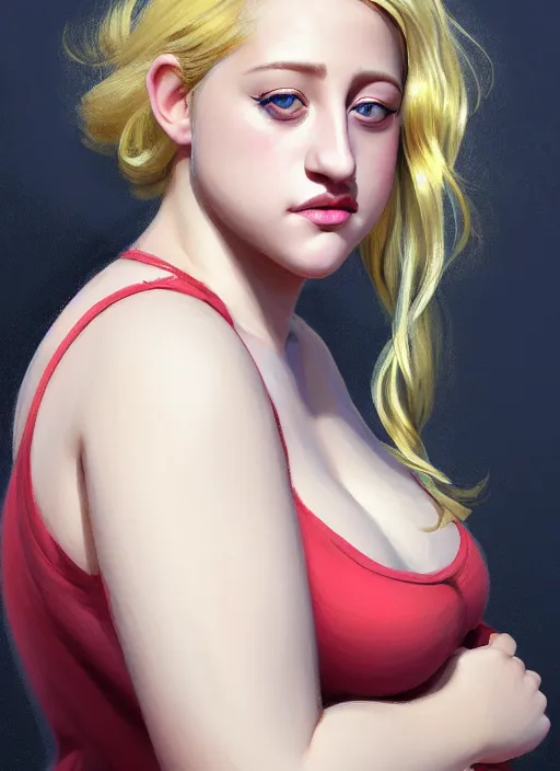 Image similar to full body portrait, teenage lili reinhart, blonde hair, obese, bangs, ponytail, sultry, realistic, sultry smirk, fluffy bangs, curly bangs, fat, belly, intricate, elegant, highly detailed, digital painting, artstation, concept art, smooth, sharp focus, illustration, art by wlop, mars ravelo and greg rutkowski