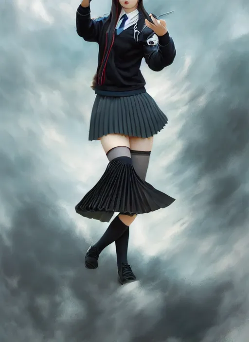 Image similar to a beautiful woman with school uniform, seifuku, pleated miniskirt, overknee socks, adriana lima, painted by artgerm and tom bagshaw, fantasy art, dramatic lighting, highly detailed oil painting, volumetric lighting