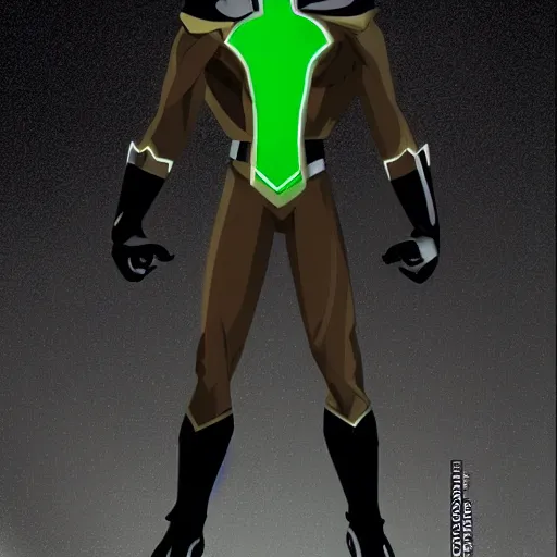 Image similar to dark - skinned superhero with a black suit and very minimal green details, his power comes from a ring that gives him feline - like powers and a spectacular mask that turns the iris of his eyes green. he has beard. as a weapon he has an expandable staff. he wears no cape. he has a belt as a feline tail.