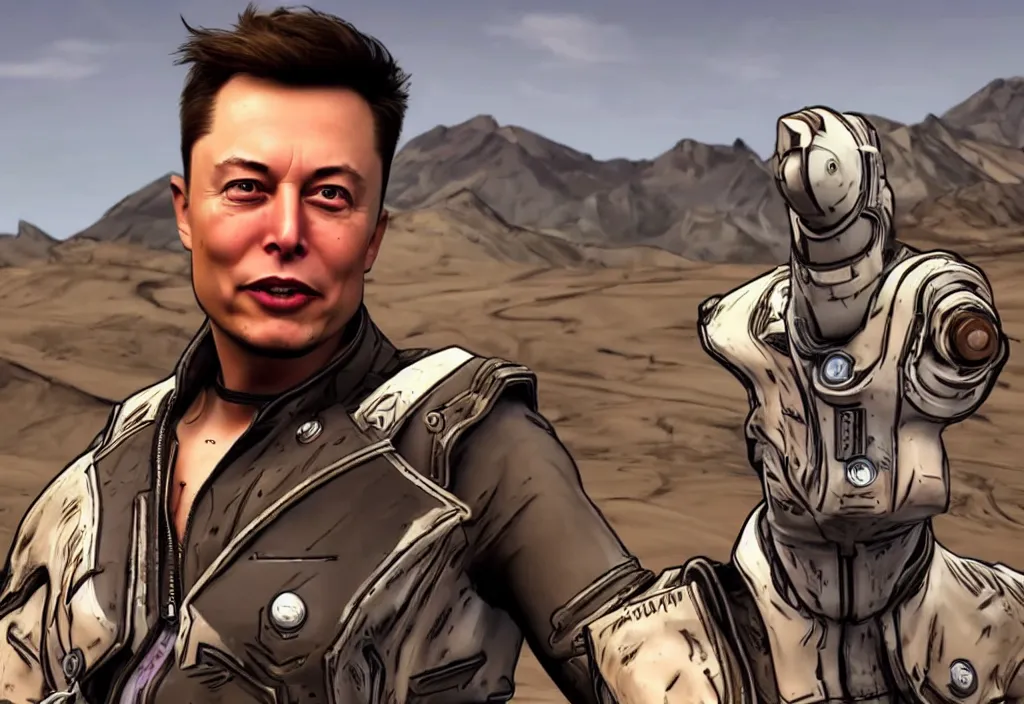 Image similar to elon musk in borderlands elon musk in the video game borderlands, gameplay screenshot, close up, 3 d rendering. unreal engine. amazing likeness. very detailed.