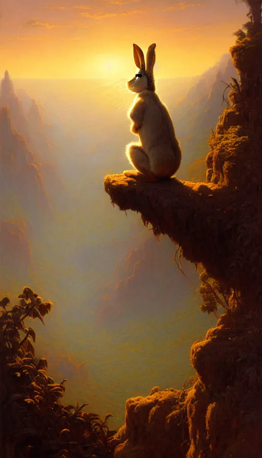 Image similar to rabbit looking off of a cliff, sun setting behind rabbit, lush forest in valley below, painted by tom bagshaw, james gurney, gaston bussiere, craig mullins, j. c. leyendecker 8 k