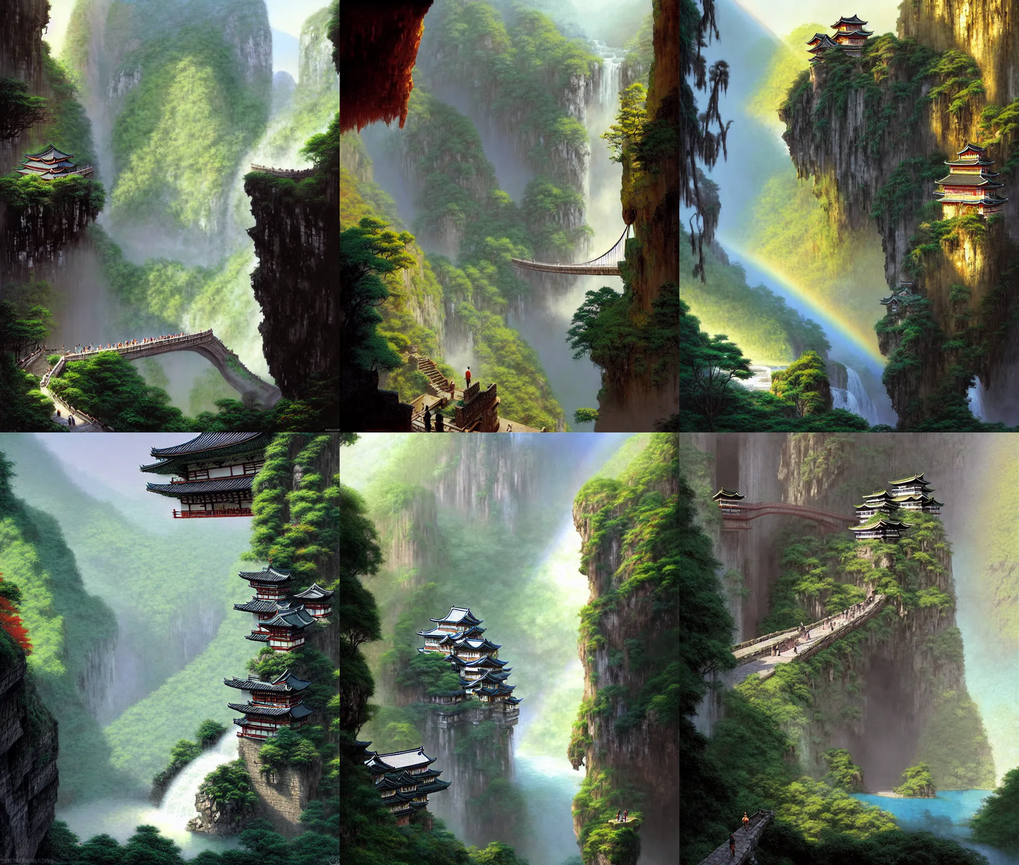 Prompt: establishing wide shot inside han son doong with waterfalls on either side of the cliff walls, at the top of the cliff is a japanese castle, a cloister is built into the cliff walls, an old suspension bridge spans the walls, sunny morning light, sunbeam, saturated colors, detailed digital concept art by greg rutkowski and gerald brom and james gurney