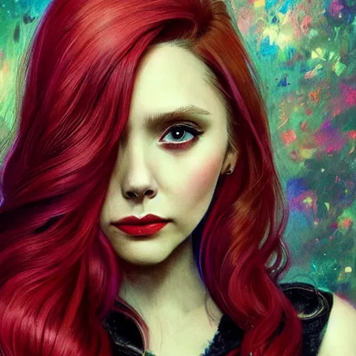 Prompt: Elizabeth olsen with red hair in 1970's fashion, in disco room, intricate, highly detailed, digital painting, artstation, official media, anime key visual, concept art, rich vivid colors, ambient lighting, sharp focus, illustration, art by Ayami Kojima and Greg rutkowski