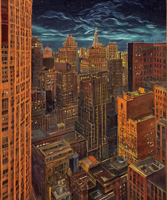 Image similar to horrifying full color photorealistic painting of the view of a warped downtown 1 9 2 5 boston at night with a cosmic sky viewed from a hotel balcony, dark, atmospheric, brooding, smooth, finely detailed, cinematic, epic, in the style of paul carrick