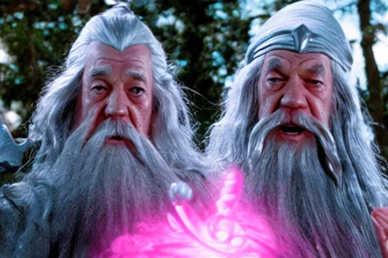 Image similar to Gandalf wearing pink Hello kitty costume, meeting regular Gandalf, dramatic lighting, movie still from Lord of the Rings, cinematic