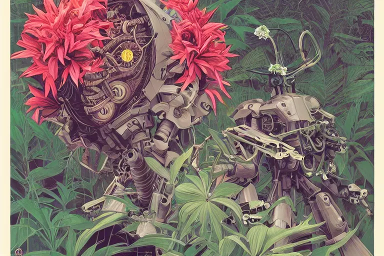 Prompt: gigantic mecha head, a lot of exotic vegetation, trees, flowers by moebius, dull colors, junji ito, tristan eaton, victo ngai, artgerm, rhads, ross draws, hyperrealism, intricate detailed, risograph