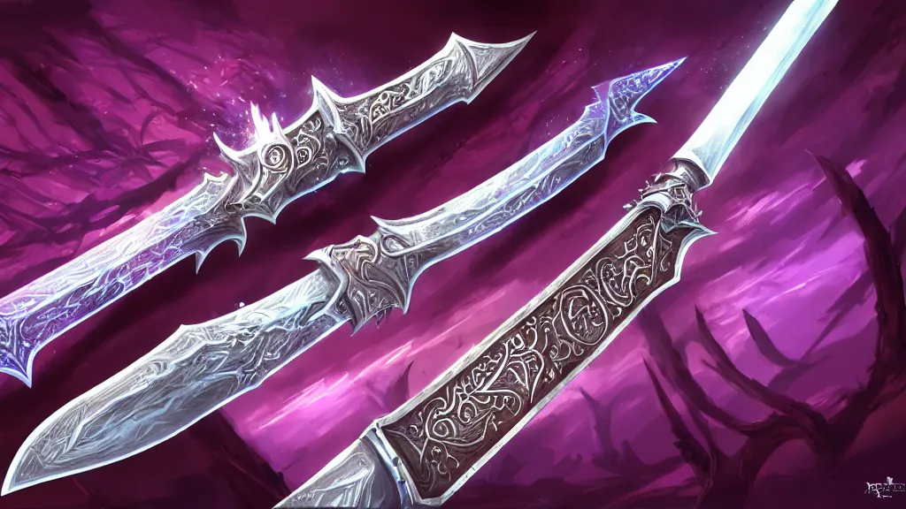 Image similar to 3 feet long broad sword, frostmourne, purple glowing inscription, 8 k, 4 k, concept art, digital painting, game concept art, lord of the rings, fantasy setting