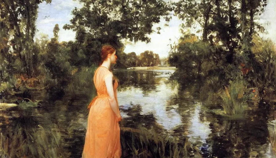 Prompt: artwork painting of a woman looking into the water, there are figures under the water looking by eugene von guerard, ivan shishkin, john singer sargent