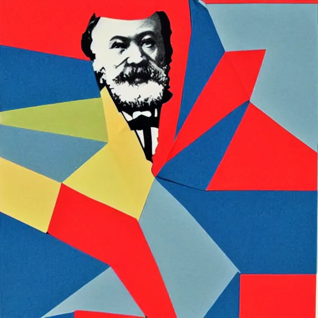 Image similar to origami of karl marx in a minimalist collage of geometric shapes, tetrachromacy, primary colors, in the style of ikko tanaka, japanese graphic design, 1 9 9 0