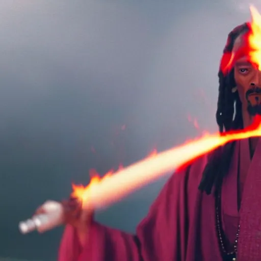 Image similar to cinematic film still of Snoop Dogg starring as a Samurai holding fire, Japanese CGI, VFX, 2022, 40mm lens, shallow depth of field, film photography