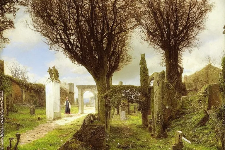 Image similar to a giant knight in armour and a slim woman wearing victorian dress walk through a cemetery on a path by a church in manchester england, overgrown, weeds and ivy on the graves, an old twisted tree, a tall stone wall, lawrence alma-tadema-H 1024