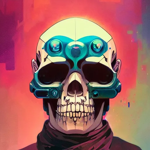 Prompt: a beautiful portrait painting of a cyberpunk skull with a blindfold by ( sachin teng ) and pascal blanche! and alphonse mucha! and nekro! and josan gonzalez and rhads and ruan jia. in style of digital art. colorful comic, film noirs, symmetry, brush stroke, vibrating colors, hyper detailed. octane render. trending on artstation