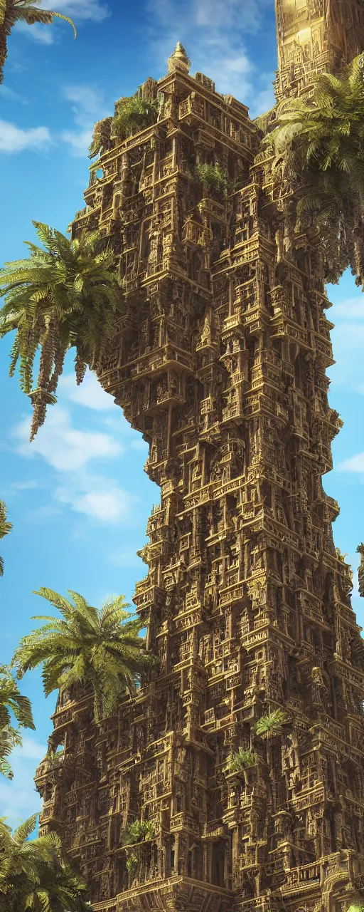 Image similar to photorealistic eye level babylon tower, golden intricate details, stone facade, sacred ancient architecture, hanging gardens, cascading highrise, arid mountains with lush palm forest, sunlight, post - production, octane, cgi, sfx