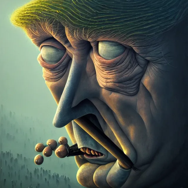 Prompt: gediminas pranckevicius | close up portrait of a the trump in the sinister valley of despair, one mouth, one nose, two eyes, oil painting by tomasz jedruszek, cinematic lighting, pen and ink, intricate line, hd, 4 k, million of likes, trending on artstation
