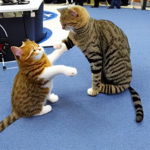 Image similar to cat astronaut shakes the hands with trump