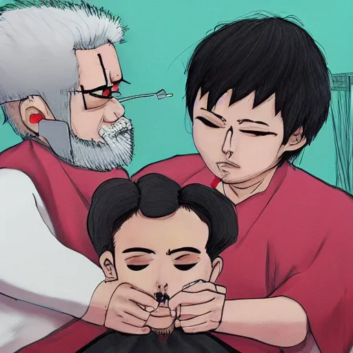 Image similar to a barber struggles to cut the hair of conjoined twins, by miyazaki and soraya, trending on artstation