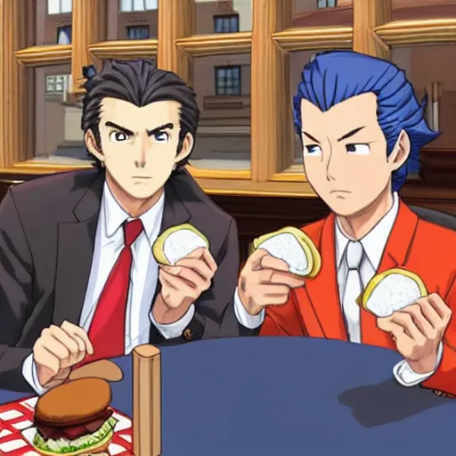 Prompt: phoenix wright and apollo justice eating hamburgers in new york city