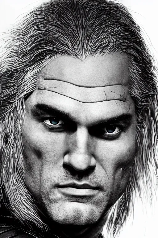 Image similar to portrait of geralt of rivia, 5 5 mm lens, professional photograph, times magazine, serious, stern look, zoomed out