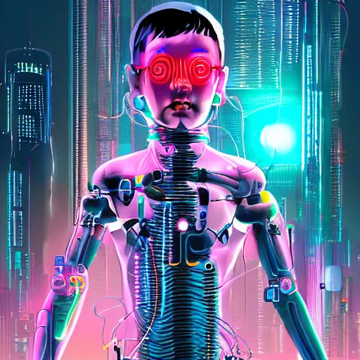 Image similar to a cyborg child with wires and tubes in their face, neon city in the background, cyberpunk digital art,