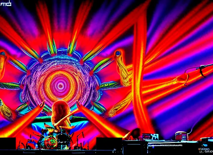 Image similar to The band tool performing live, colorful, photo realistic, Alex Grey, 8k, detailed,