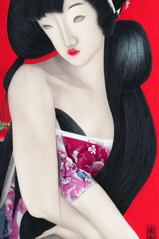 Image similar to sensual and very seductive geisha, digital art, 8k, character, realistic, portrait, photorealism, japan watercolour, masterpiece art