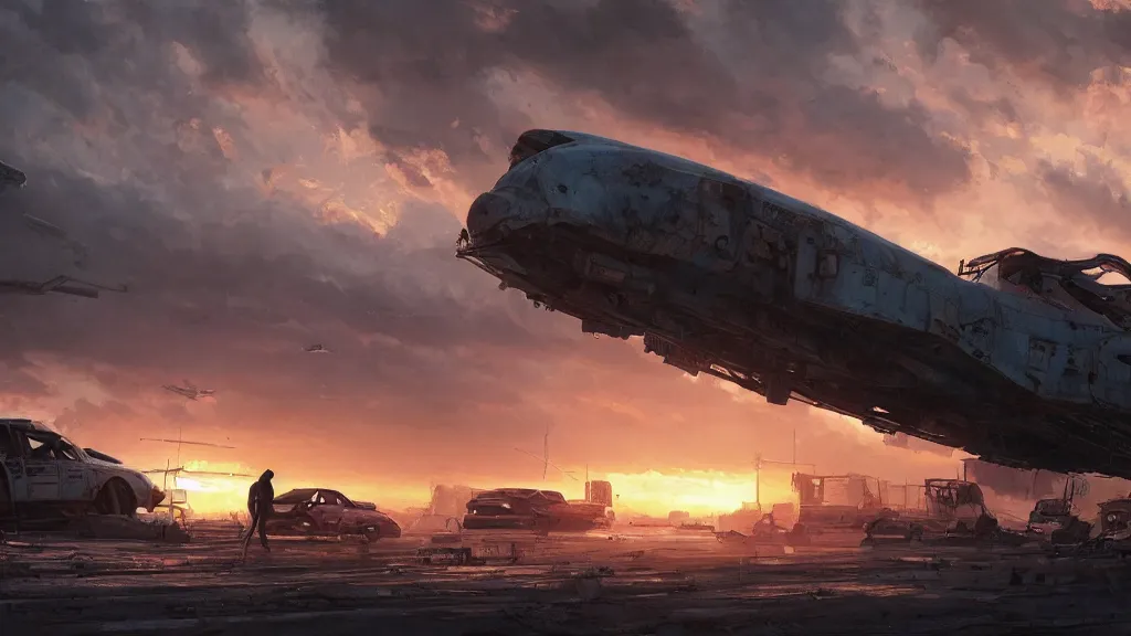 Image similar to a Photorealistic hyperrealistic render of a gigantic spaceship landing at a Junkyard by Greg Rutkowski,Vitaly Bugarov,Nicolas Bouvier SPARTH,James Paick,WLOP, Juan Gimenez,PIXAR,dramatic moody sunset lighting,long shadows,Volumetric, cinematic atmosphere, Octane Render,Artstation,8k