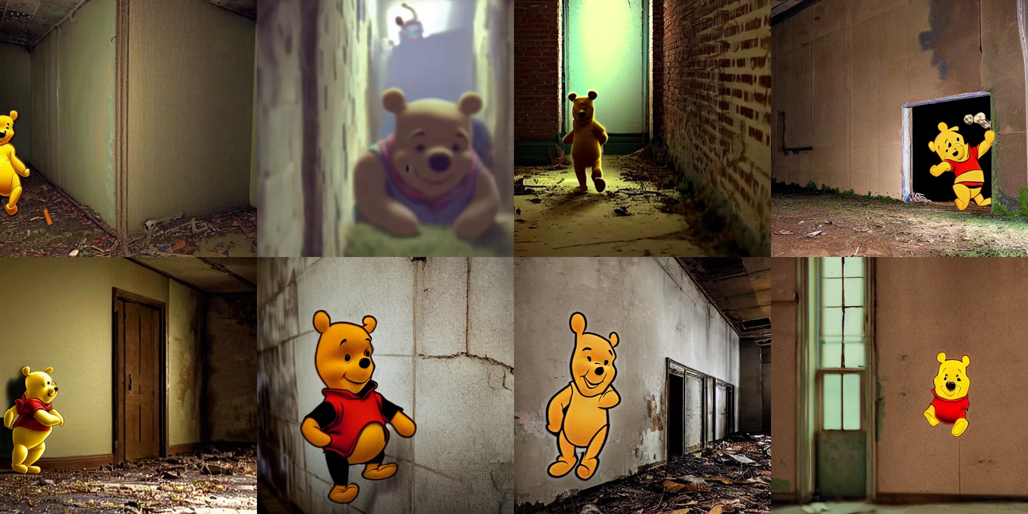 Prompt: a blurry cryptid sighting of winnie the pooh hiding behind the wall in an abandoned building, found footage, disturbing