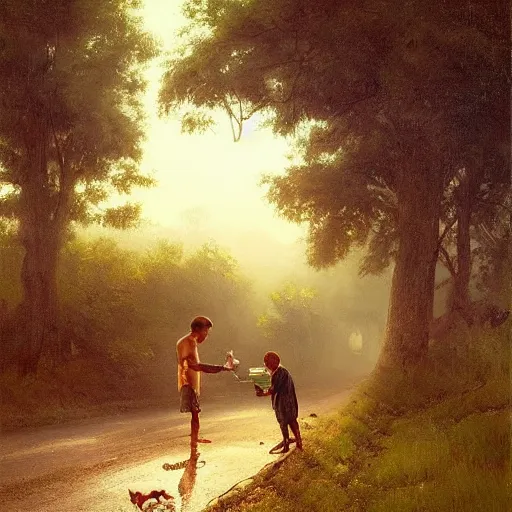 Prompt: painting of a man feeding a poor boy on a country road, surreal highly detailed, artstion greg rutkowski