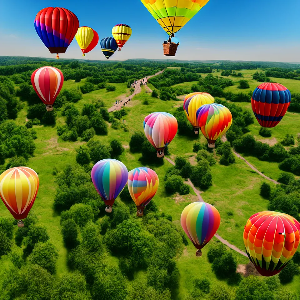 Prompt: large colorful balloons with people on rope swings underneath, flying high over the beautiful countryside landscape, professional photography, 8 0 mm telephoto lens, realistic, detailed, digital art, unreal engine