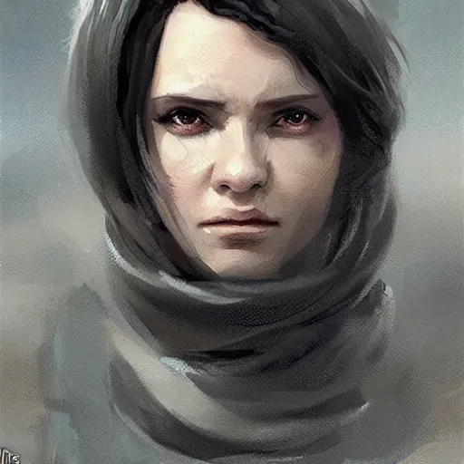 Image similar to Portrait of a woman by Greg Rutkowski, she is about 20 years old, round face, mixture between german and russian, black bob hair, attractive, determined but resentful look, she is wearing futuristic military fatigues with a black scarf, highly detailed portrait, scifi, digital painting, artstation, concept art, smooth, sharp foccus ilustration, Artstation HQ.