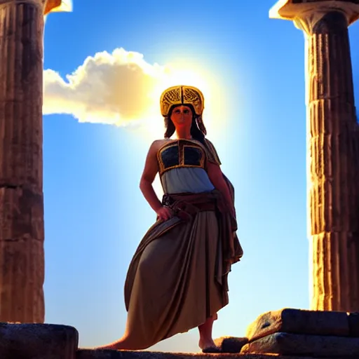 Image similar to greek ancient woman in Athena's helmet standing on a giant greek ancient bearded man head, late afternoon light, greek temple of olympus glory island, wispy clouds in a blue sky, by frank lloyd wright and greg rutkowski and ruan jia