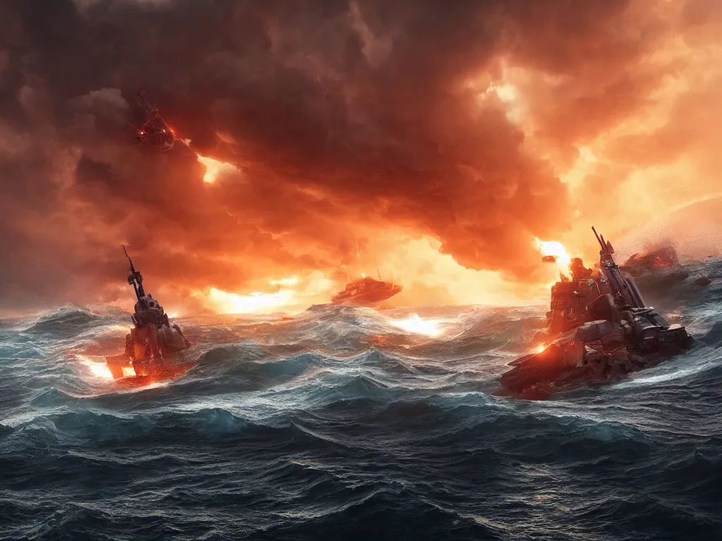 Image similar to breaking apart crashing damaged and on fire mecha battleship sailing alone on a stormy sea at sunset,large waves, explosions, battletech, octane render , aerial photo, cinematic