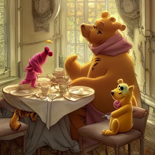 Image similar to Winnie the Pooh invites Tiger and Piglet to dine in a very fancy restaurant. Elegant, intricate, digital painting, artstation, concept art, smooth, sharp focus, illustration, art by artgerm and greg rutkowski and alphonse mucha