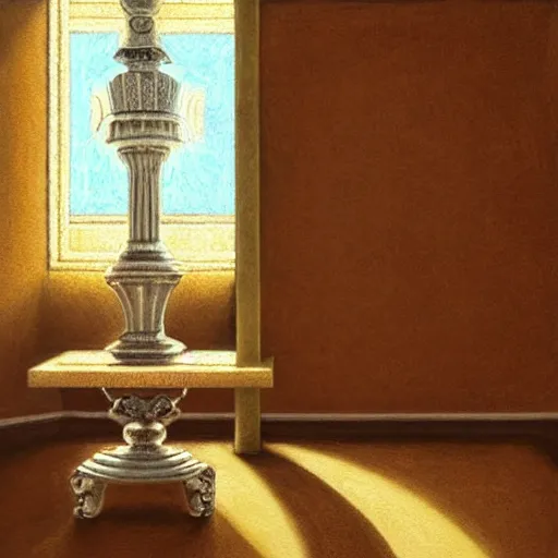 Image similar to still life painting of a room with a balcony and a pedestal displaying an ancient holy artifact, shaped like torus ring, chromed and ornate with gentle iridescent shine from within. the ring lays on top of a pedestal. perspective from the side. realistic light and shadows. moody fantasy art, still life renaissance pastel painting. close up