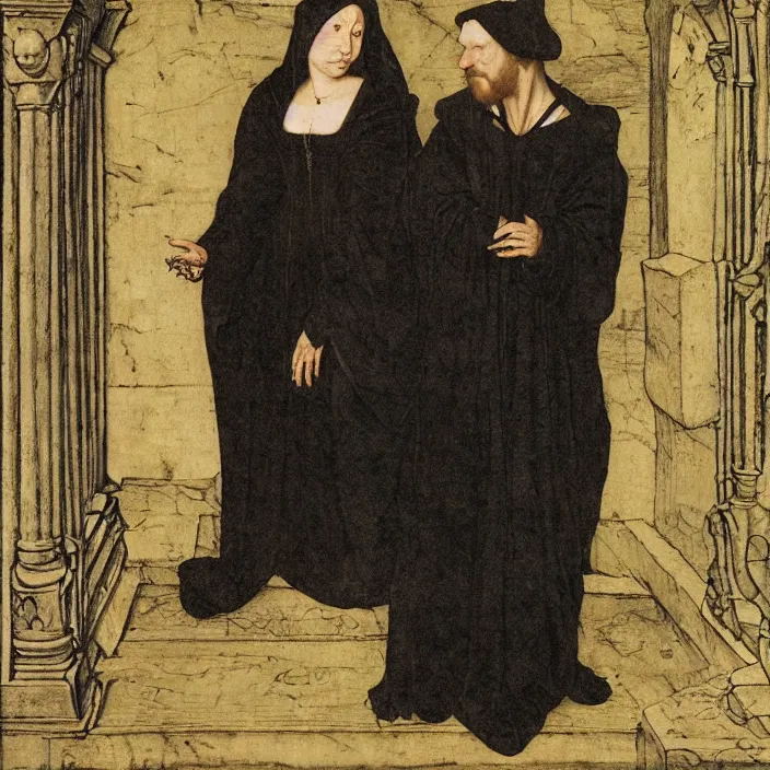 Prompt: a goblin monster and a woman in a black cloak, by Hans Holbein the Younger